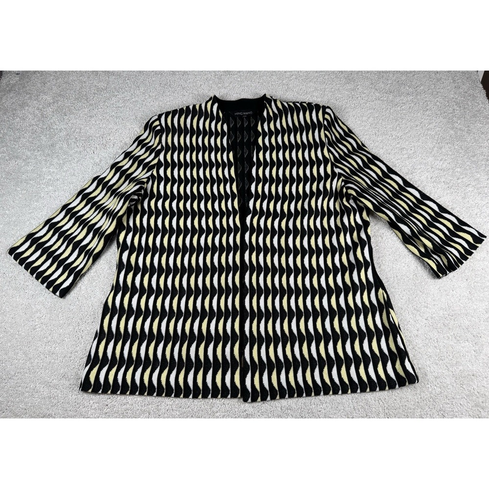 Ming Wang Womens Cardigan Jacket Size 0X ~ Knit Black Yellow White ~ 3/4 Sleeve